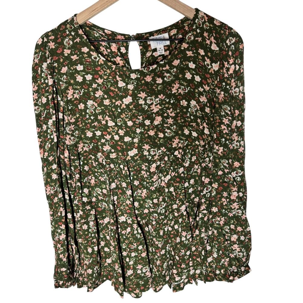 Time & Tru Medium Green Floral Boho Peasant Blouse Puff Sleeve Keyhole Back